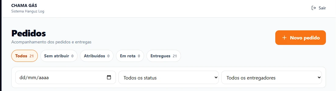 Tela de pedidos do HANGUZ LOG