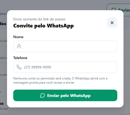 Convite de usuário pelo WhatsApp no HANGUZ LOG